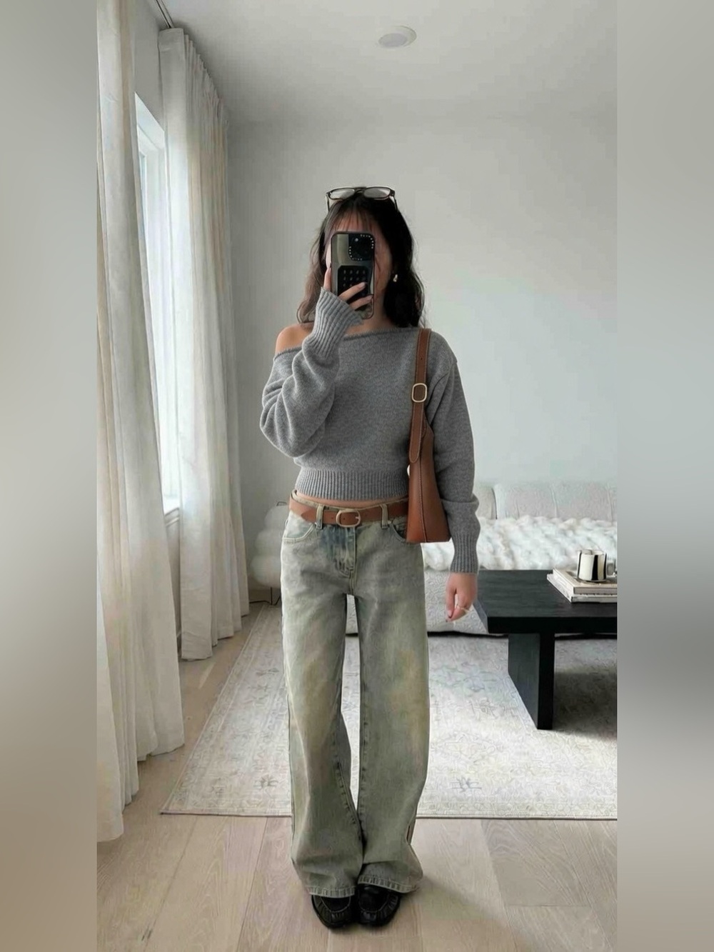 Abercrombie & Fitch Boucle Grey Off Shoulder Sweater Ribbed Cuffs XS Oversized